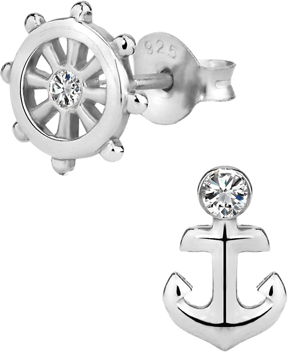 Hypoallergenic Sterling Silver Anchor & Ship Wheel Cute Mismatched Stud Earrings for Kids (Nickel Free)