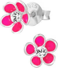 Hypoallergenic Sterling Silver Pink Daisy Flower with Crystal Stud Earrings for Kids (Nickel Free)