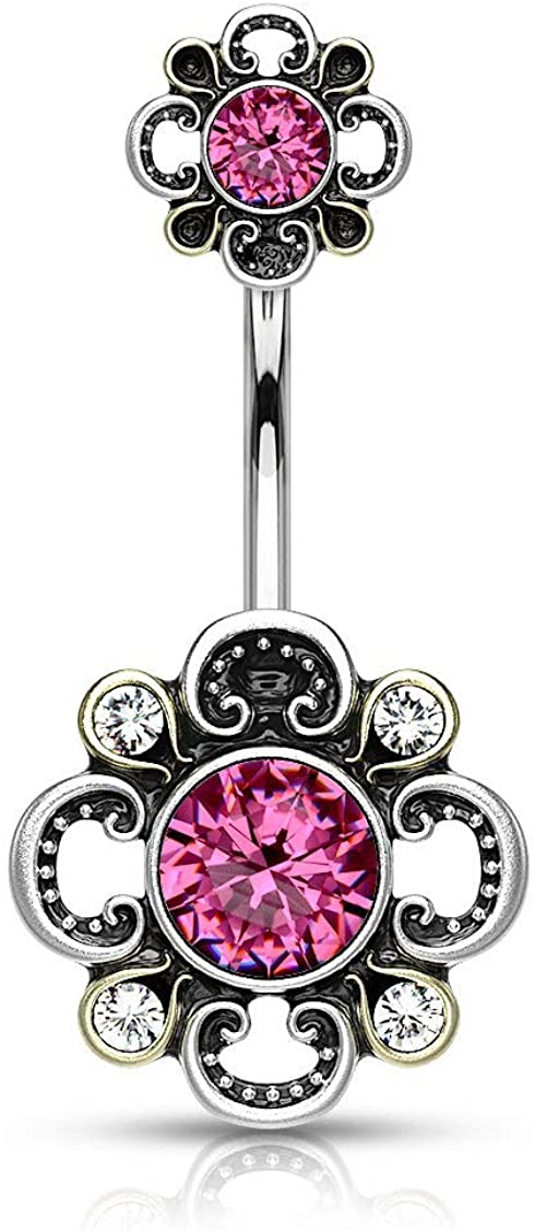 Forbidden Body Jewelry Surgical Steel CZ Centered Flower Vintage Filigree Belly Button Ring with Matching Top