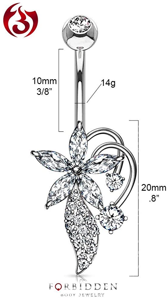 Forbidden Body Jewelry Surgical Steel Ultra Glam 5-CZ Marquise Flower Pave Vine Belly Button Ring