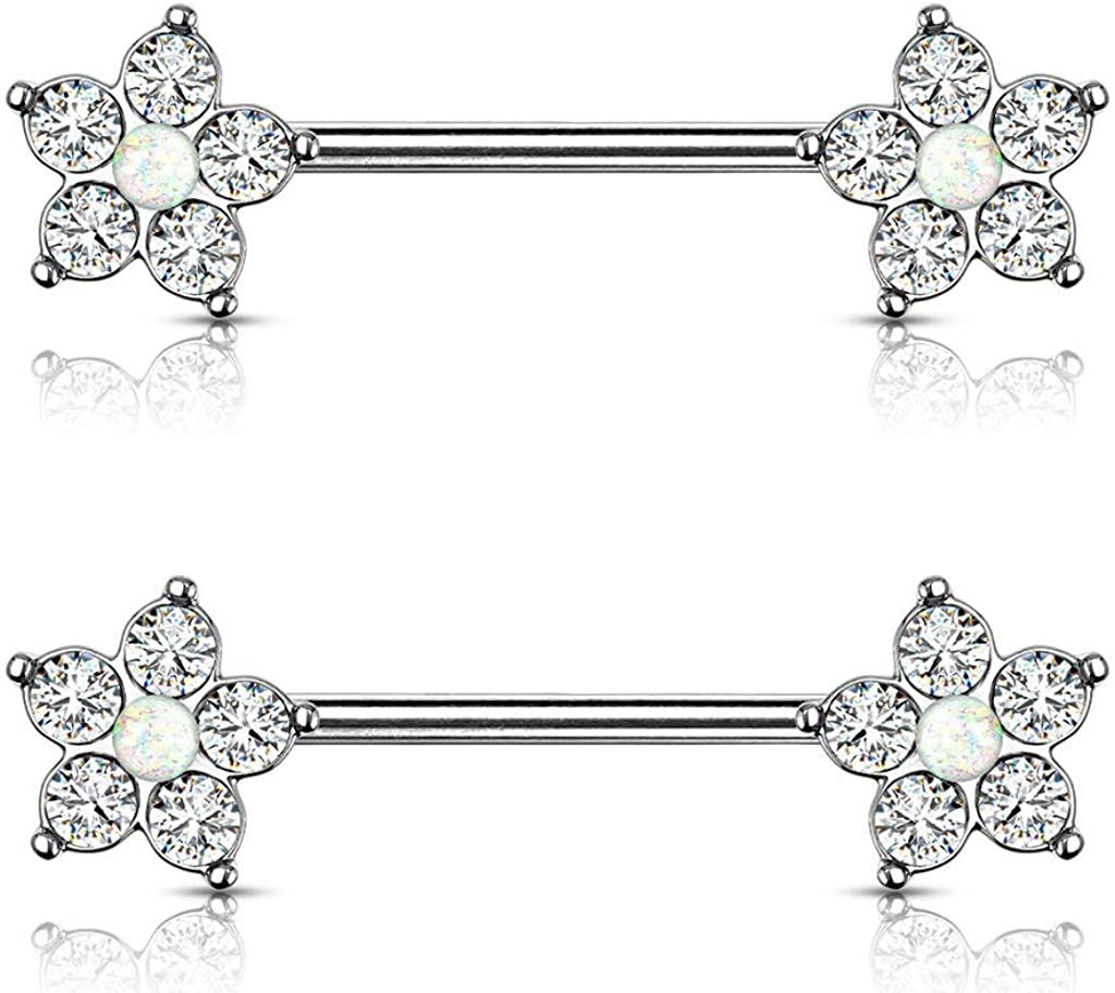 Forbidden Body Jewelry Pair of Surgical Steel 9/16 Inch (14mm) CZ Flower with Faux Centered Opal Nipple Barbells