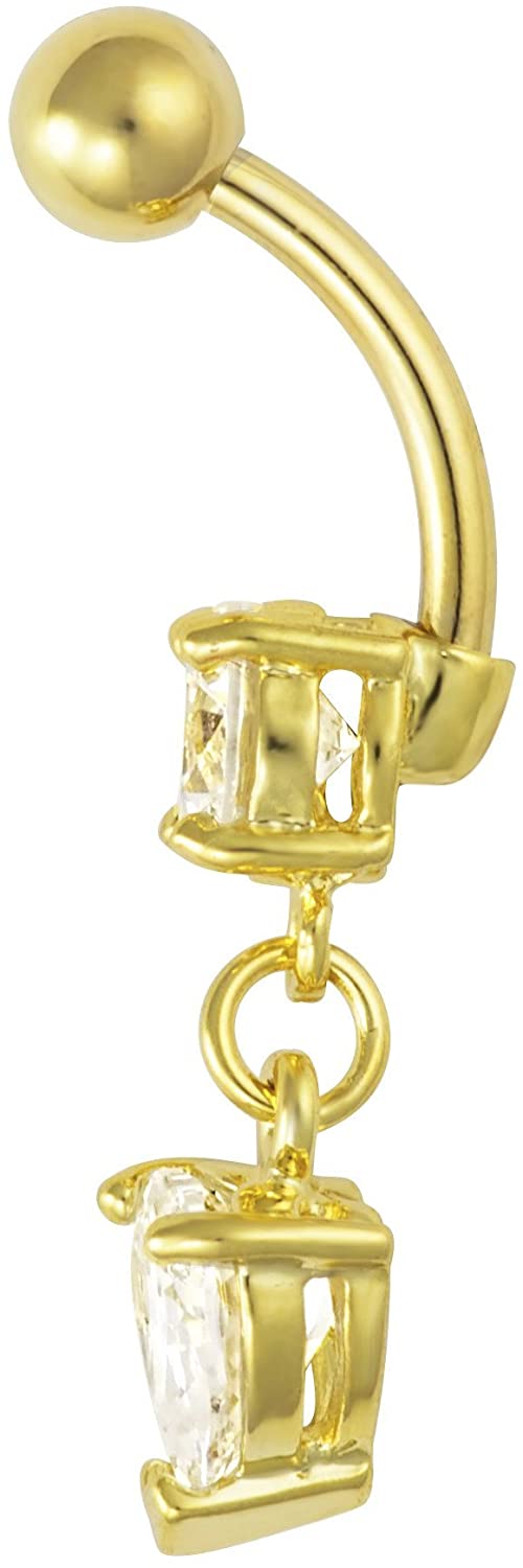 Forbidden Body Jewelry 14kt Gold Plated Surgical Steel Clear CZ Dangle Belly Button Ring with Crystal Heart Charm