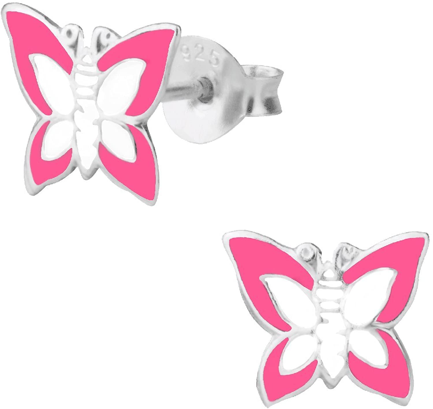 Hypoallergenic Sterling Silver Pink & White Butterfly Stud Earrings for Kids (Nickel Free)