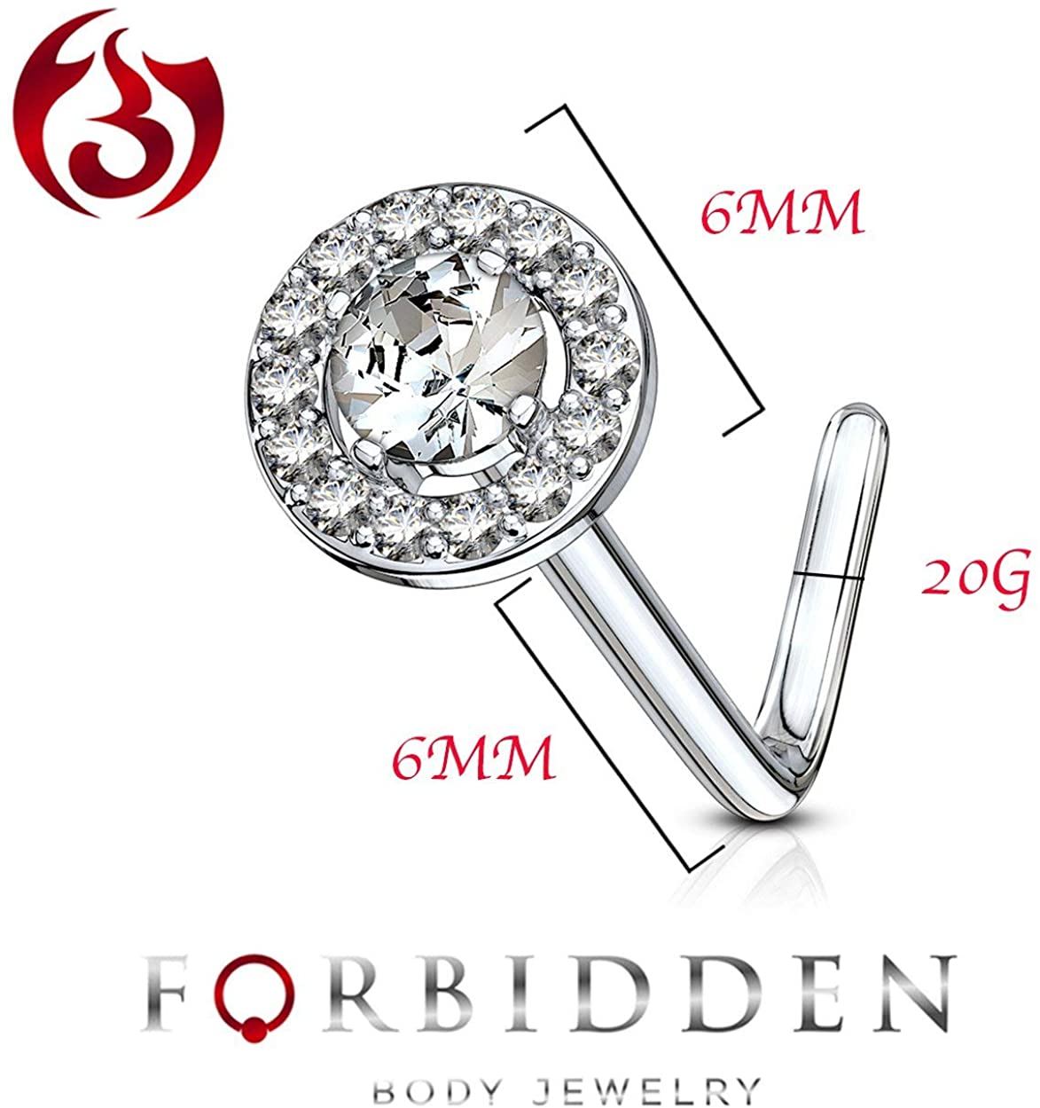 Forbidden Body Jewelry 20g Surgical Steel Fancy Double Tired Big 6mm CZ Halo L Shaped Nose Ring