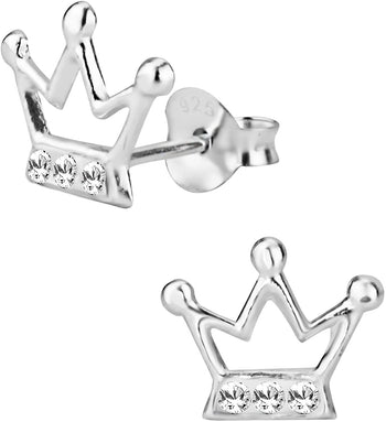 Hypoallergenic Sterling Silver Crystal Princess Crown Stud Earrings for Kids (Nickel Free)