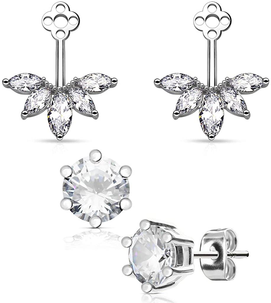 Surgical Steel Fancy Glam Ear Jacket Set with 5mm CZ Stud Earrings (Choose Style)