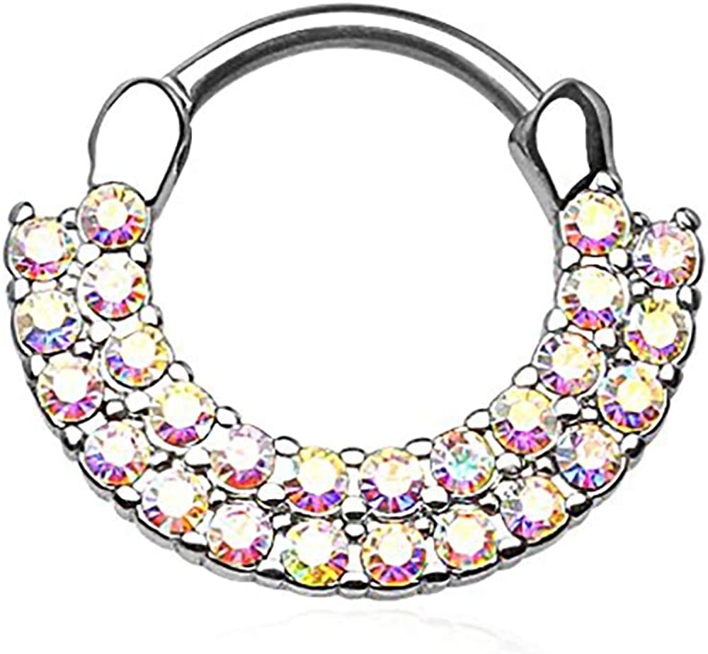 Forbidden Body Jewelry 16g 8mm Surgical Steel Double Lined CZ Clicker Hoop (Aurora Borealis)