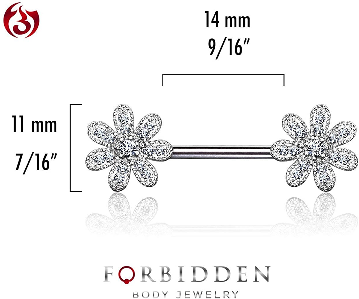 Forbidden Body Jewelry Pair of Surgical Steel 9/16 Inch (14mm) Sexy Pave CZ Flower Nipple Barbells