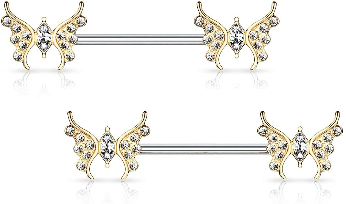 Forbidden Body Jewelry Pair of Surgical Steel 9/16 Inch (14mm) Sexy Whimsical CZ Studded Butterfly Nipple Rings