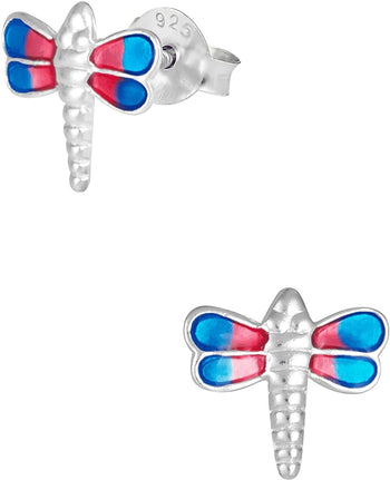 Hypoallergenic Sterling Silver Blue & Pink Dragonfly Stud Earrings for Kids (Nickel Free)