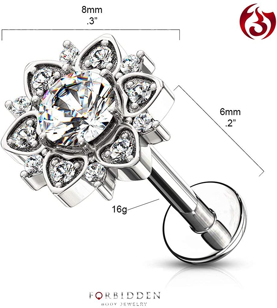 Forbidden Body Jewelry 16g 6-8mm Internally Threaded Surgical Steel Stud w/CZ Floral Top for Cartilage, Tragus, Labret & Monroe