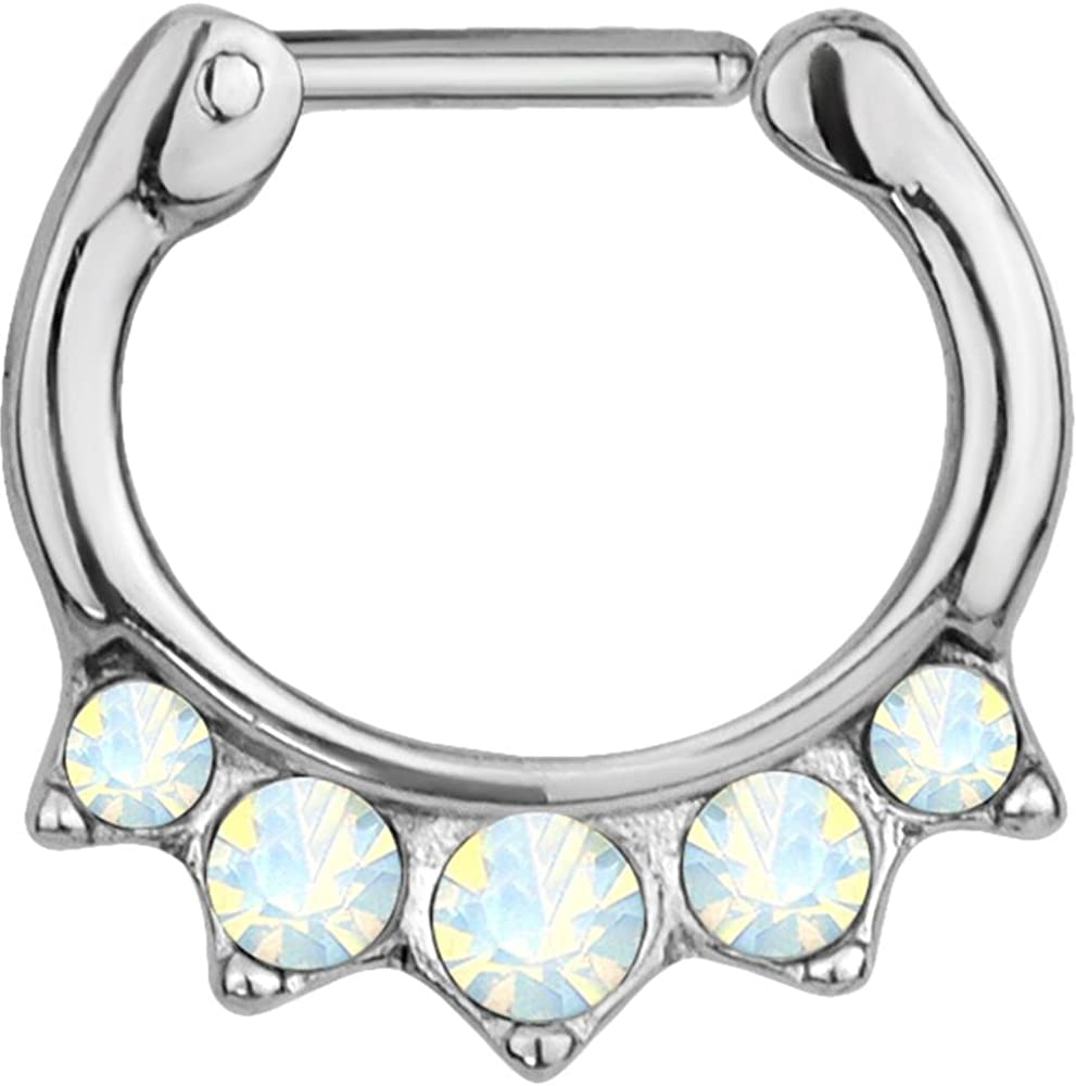 Forbidden Body Jewelry 16g Surgical Steel Synthetic Clear Opal Hanger Septum Clicker Hoop