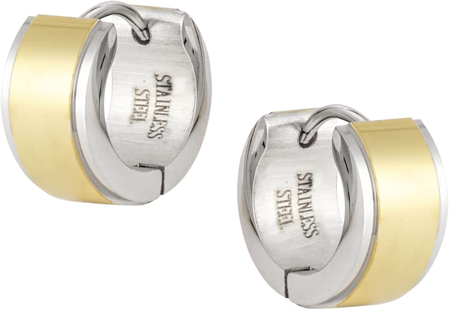 Yellow Gold Plated Center Strip Thick Wide Stainless Steel Hoop Earrings for Men