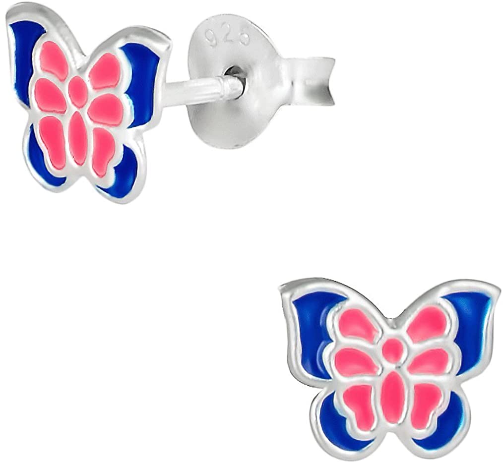 Hypoallergenic Sterling Silver Pink & Blue Butterfly Stud Earrings for Kids (Nickel Free)