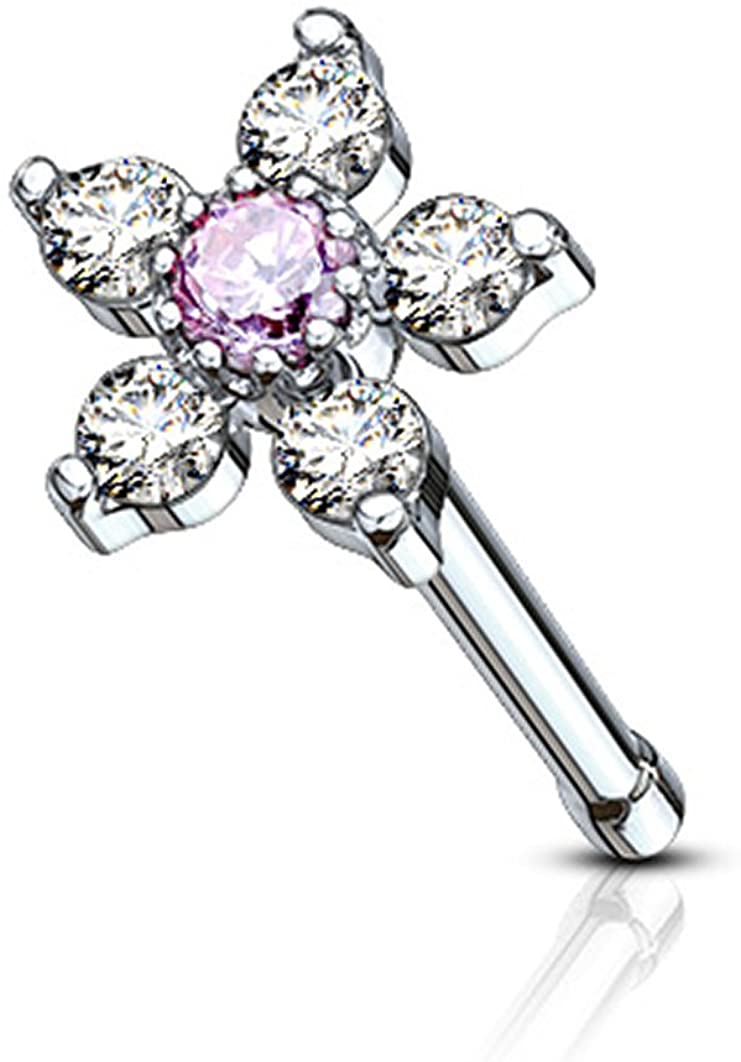 Forbidden Body Jewelry 20g Surgical Steel Nose Stud with Big Bling Two-Tone 6-CZ Crystal Flower Top