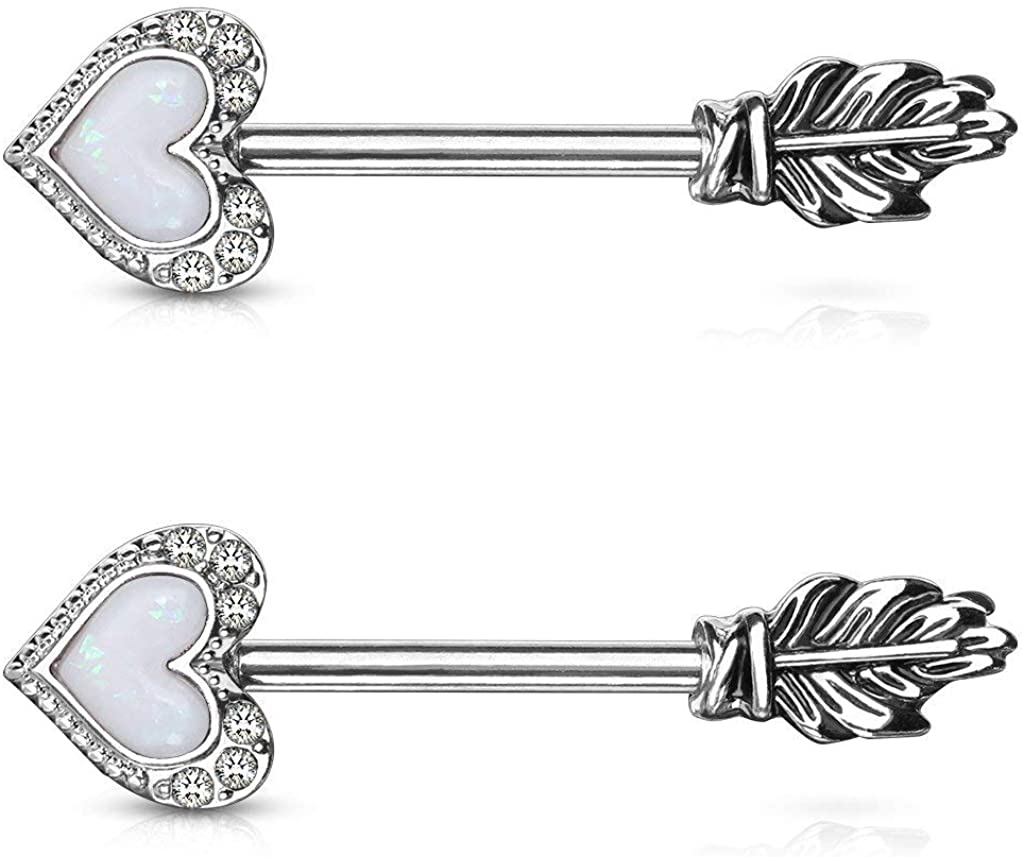 Forbidden Body Jewelry Pave CZ Opalite Heart & Feather Arrow Surgical Steel Nipple Barbells