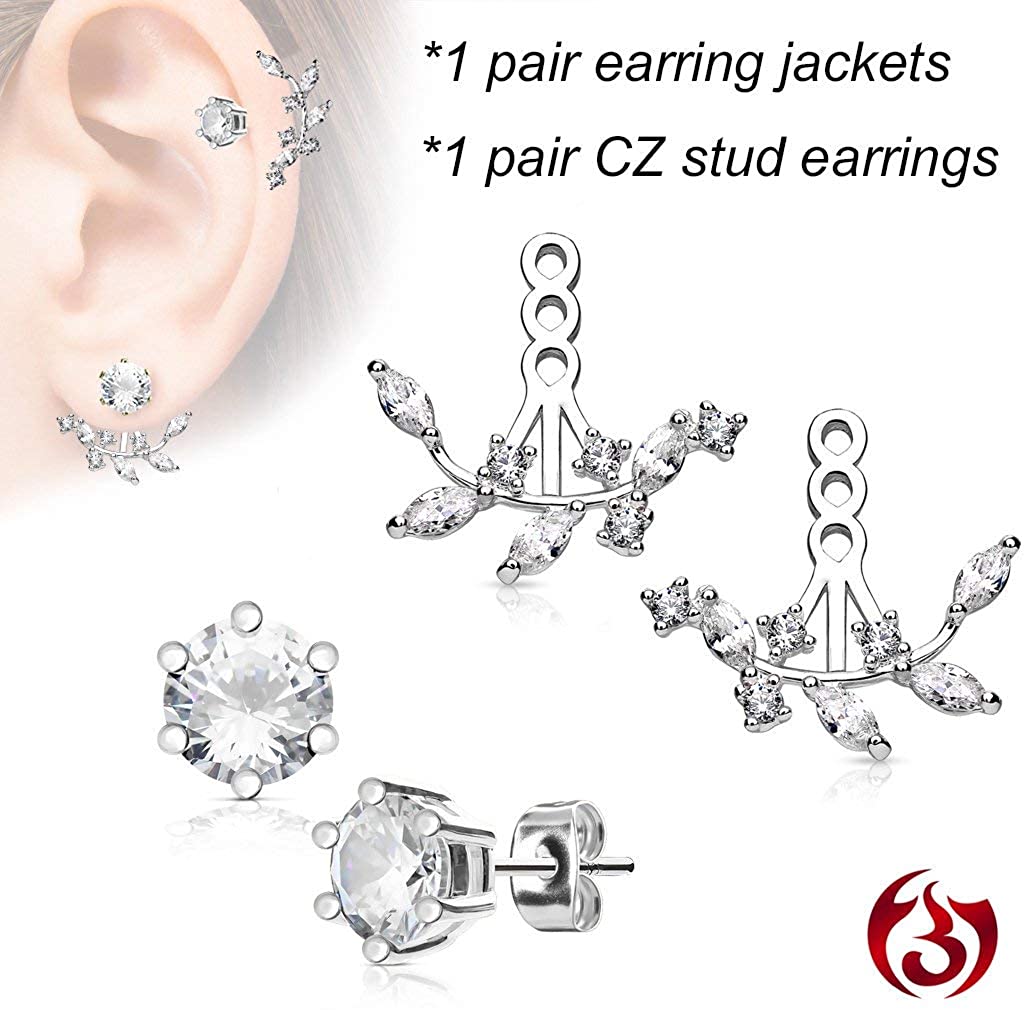 Surgical Steel Fancy Glam Ear Jacket Set with 5mm CZ Stud Earrings (Choose Style)