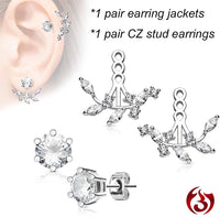 Surgical Steel Fancy Glam Ear Jacket Set with 5mm CZ Stud Earrings (Choose Style)