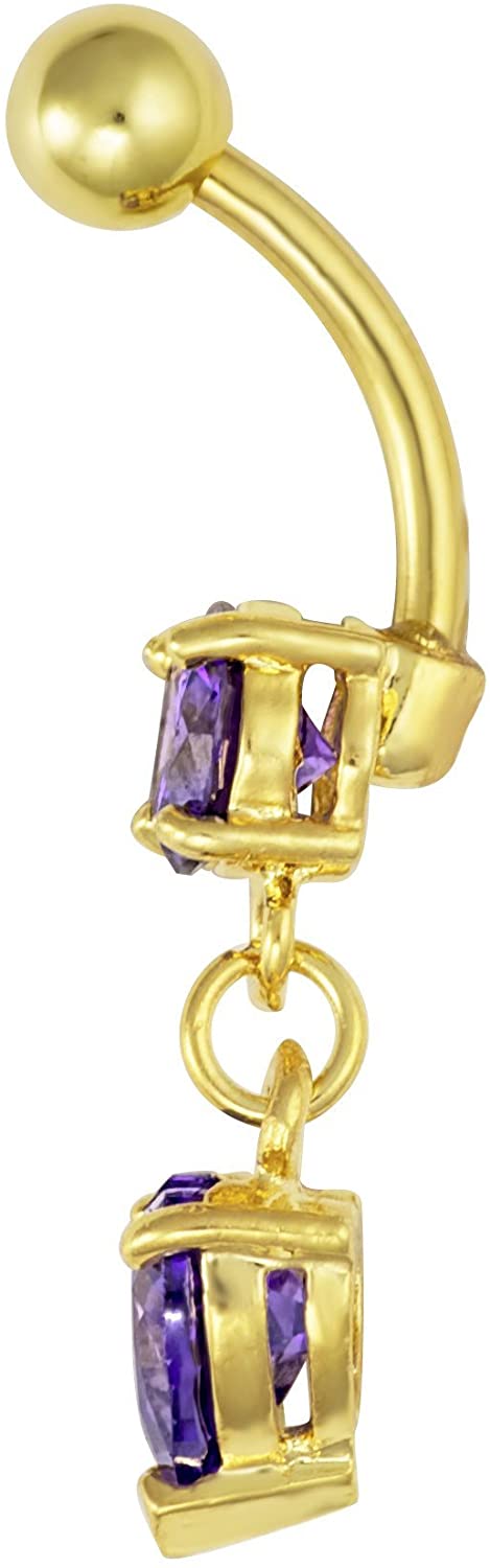 Forbidden Body Jewelry 14kt Gold Plated Surgical Steel Purple CZ Dangle Belly Button Ring with Crystal Heart Charm