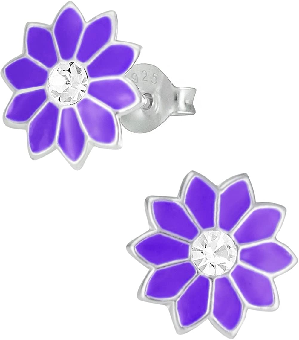 Hypoallergenic Sterling Silver Purple Flower with Crystal Stud Earrings for Kids (Nickel Free)