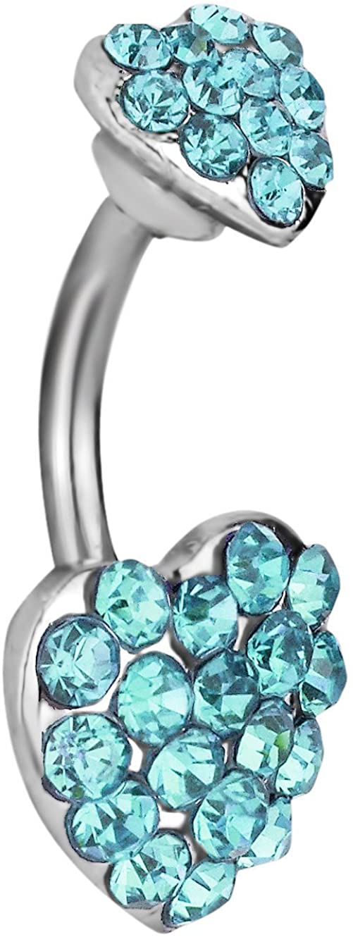 Forbidden Body Jewelry Surgical Steel Aqua Blue Pave Jeweled Double Heart Belly Button Ring