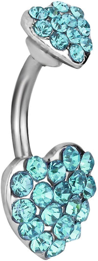 Forbidden Body Jewelry Surgical Steel Aqua Blue Pave Jeweled Double Heart Belly Button Ring