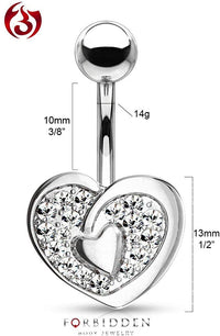 Forbidden Body Jewelry Surgical Steel Fancy Pave CZ Double Heart Belly Button Ring