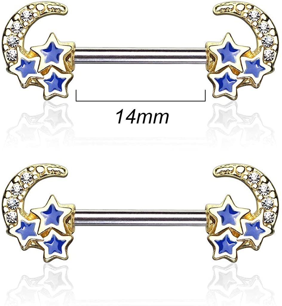 Forbidden Body Jewelry Pave CZ Celestial Moon & Stars 14g Surgical Steel Nipple Barbells (Choose Color)