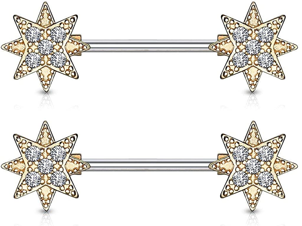 Forbidden Body Jewelry 14mm Surgical Steel CZ Supernova Star Nipple Barbells Pair