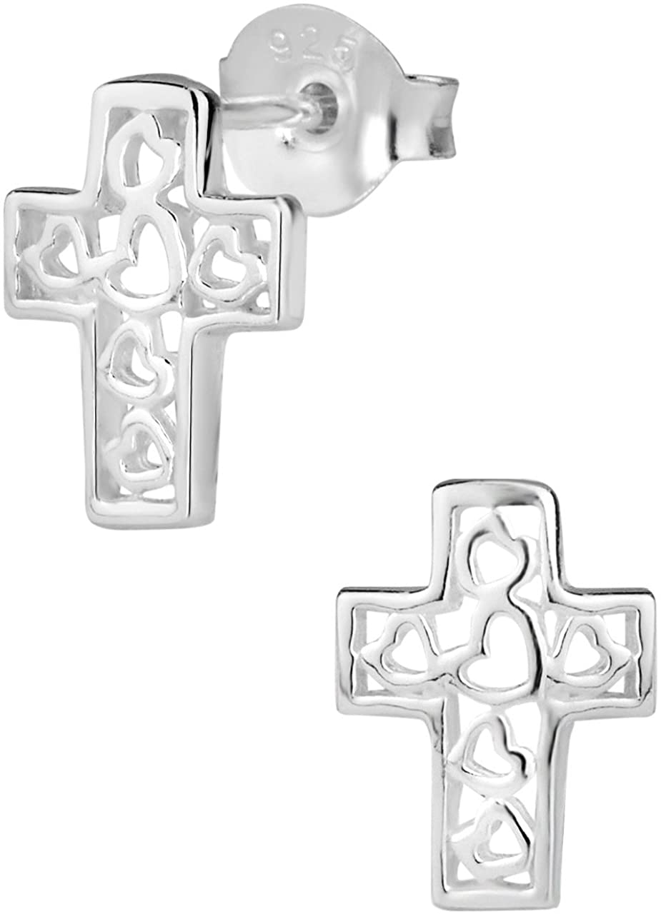 Hypoallergenic Sterling Silver Cross with Heart Designs Stud Earrings for Kids (Nickel Free)