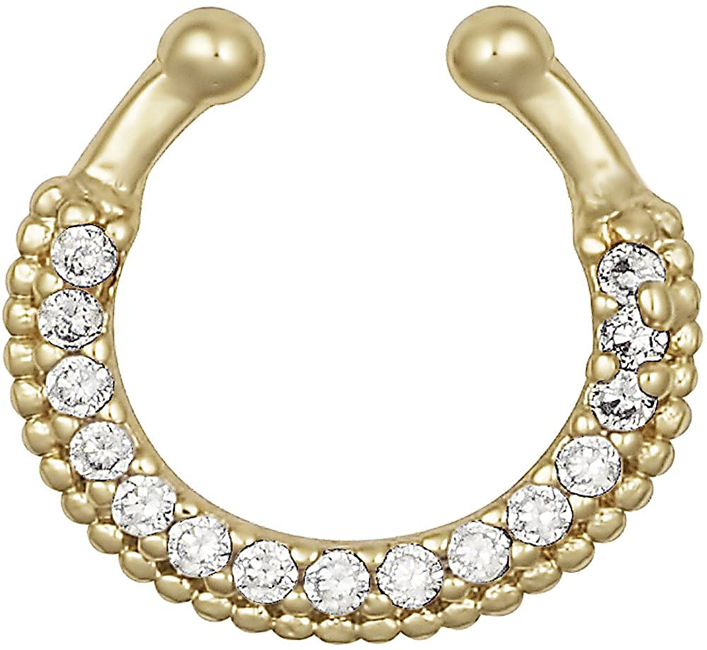 Non-Piercing Septum Jewelry: Gold Plated Pave CZ Crystal Clip On Septum Hanger (No Piercing Required)