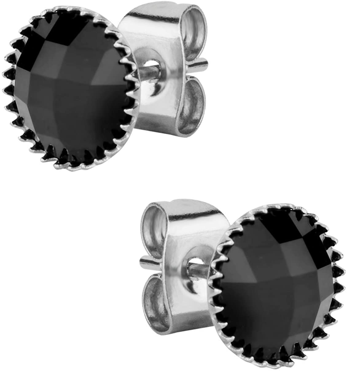 Stainless Steel Large Round Cut Black Simulated Onyx Gem Stone Stud Earrings for Men