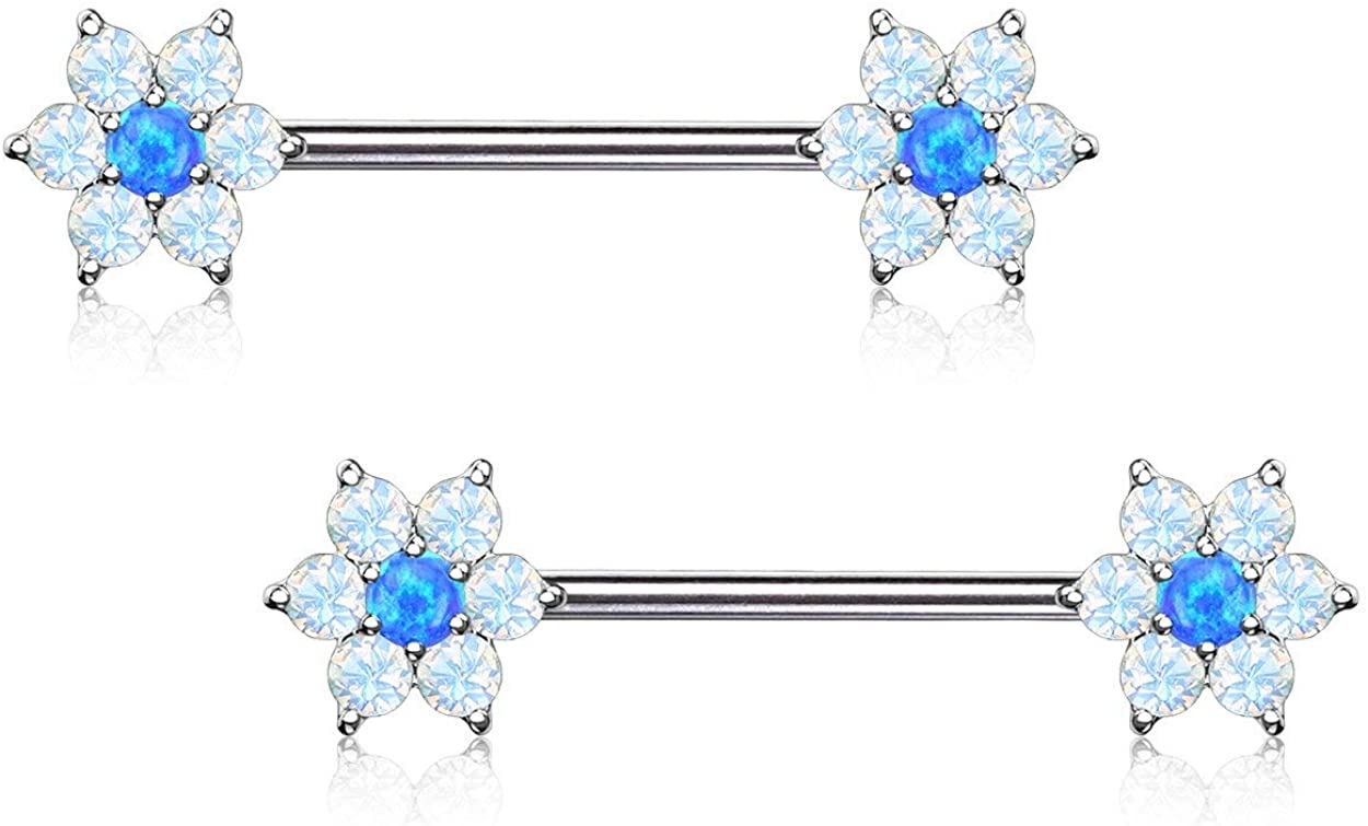 Forbidden Body Jewelry Pair of Surgical Steel 5/8 (16mm) Inch Synthetic Opalite Stone Flower Nipple Barbells