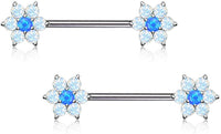 Forbidden Body Jewelry Pair of Surgical Steel 5/8 (16mm) Inch Synthetic Opalite Stone Flower Nipple Barbells