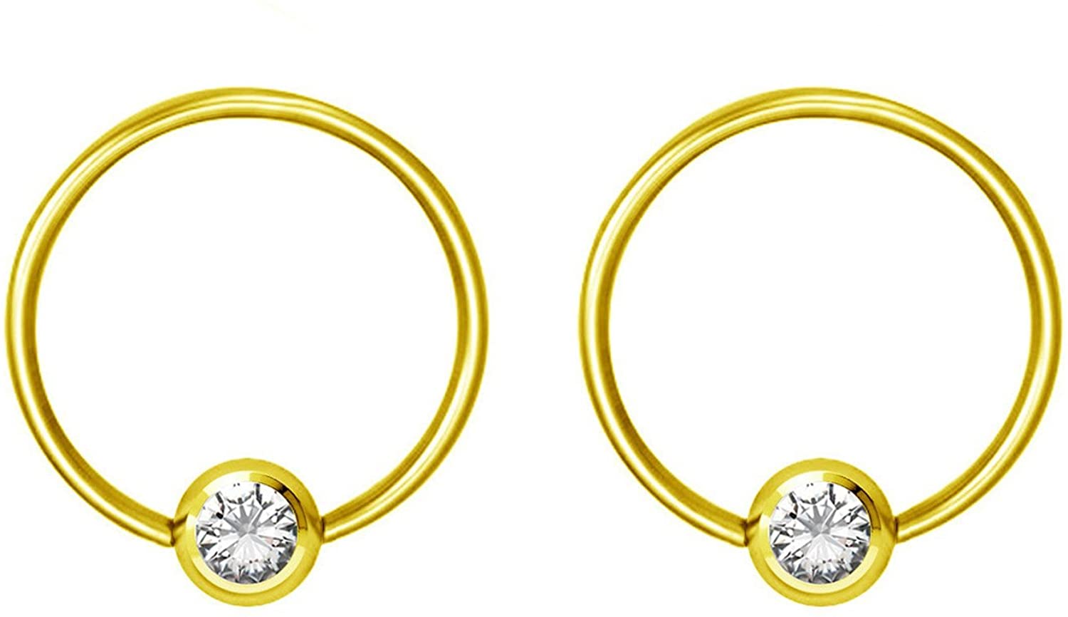 Pair 14g-20g Gold & Rose Gold Tone Surgical Steel CZ Gemmed Captive Bead Body Piercing Hoops (2pcs)