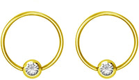 Pair 14g-20g Gold & Rose Gold Tone Surgical Steel CZ Gemmed Captive Bead Body Piercing Hoops (2pcs)