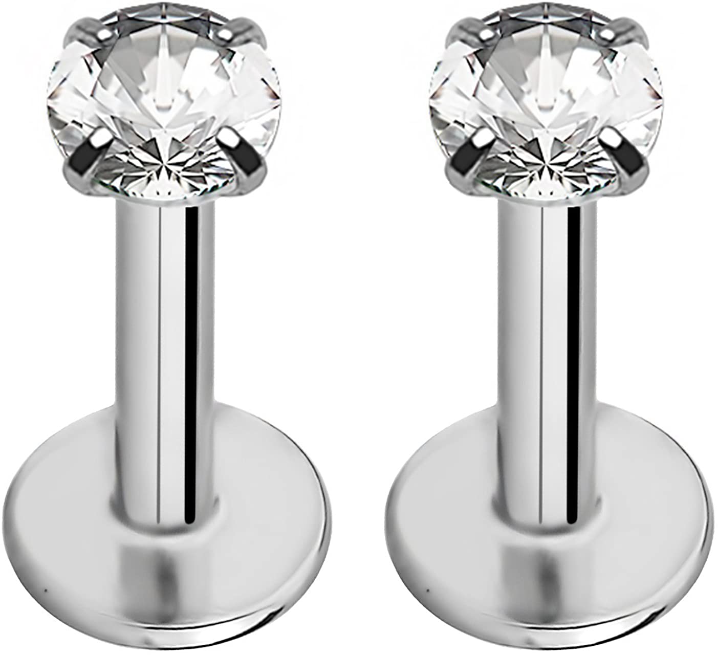 Forbidden Body Jewelry 16g 6-8mm Internally Threaded Surgical Steel Tragus/Helix/Cartilage/Labret Piercing Studs, 2-3mm CZ Top