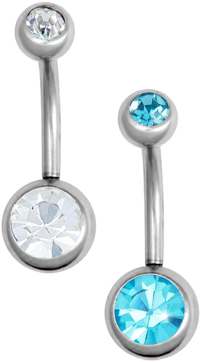 Forbidden Body Jewelry Set of 2 Belly Button Rings: Surgical Steel CZ Aqua Blue & Clear Navel Rings