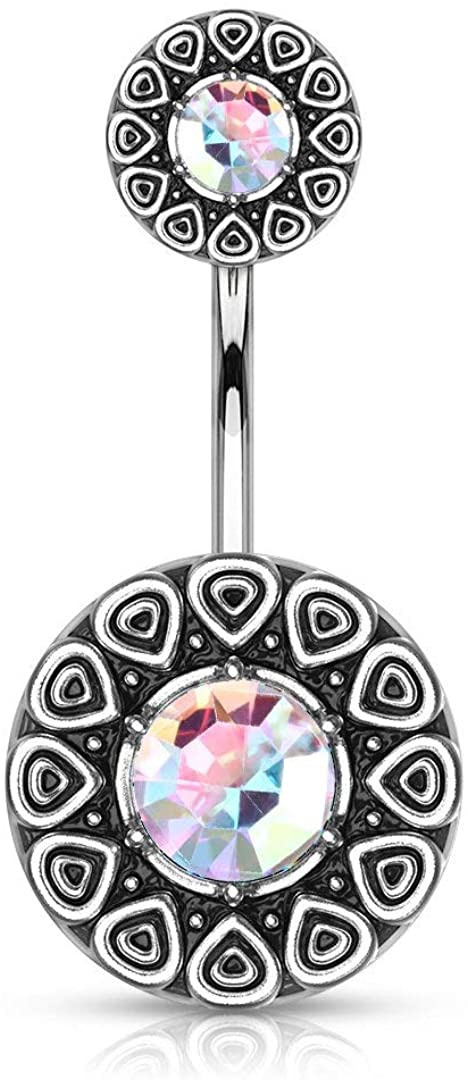 Forbidden Body Jewelry Surgical Steel Tribal Pattern Belly Button Ring with CZ Center and Matching Top