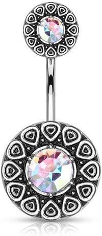 Forbidden Body Jewelry Surgical Steel Tribal Pattern Belly Button Ring with CZ Center and Matching Top