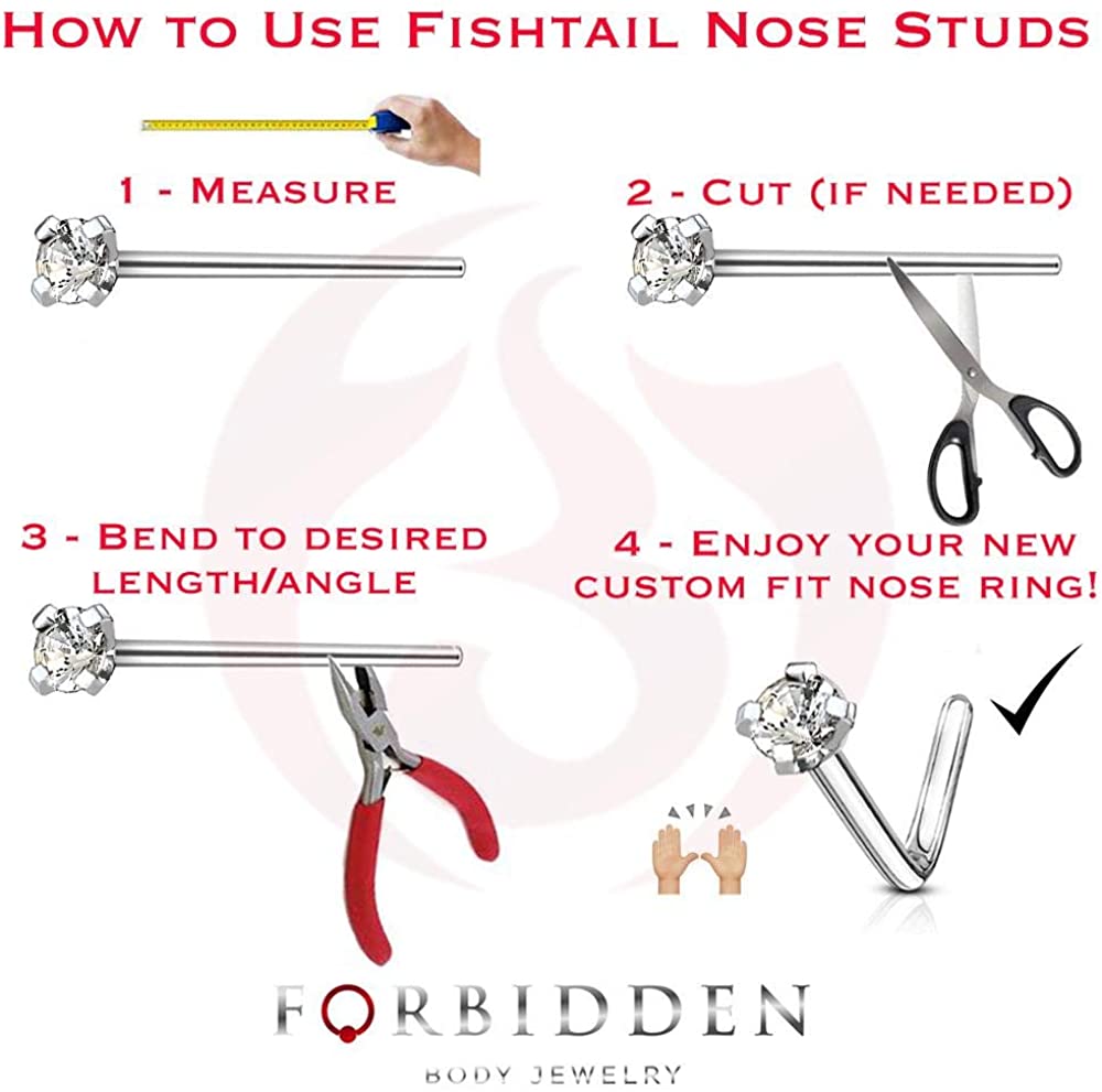 Forbidden Body Jewelry 18g/20g Grade 23 Titanium 2mm Press Fit CZ Fishtail Custom Bend Nose Stud