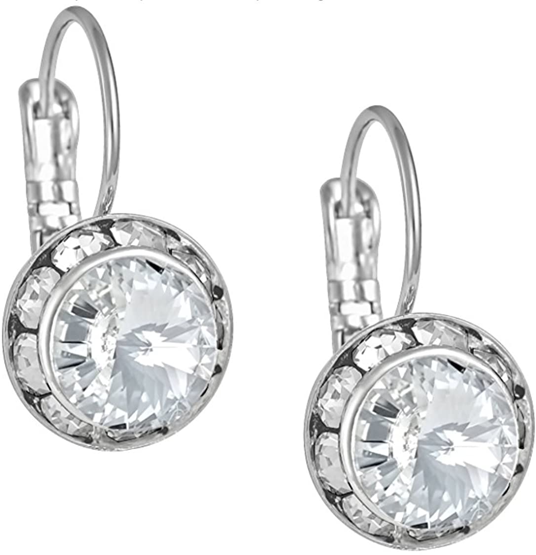 Austrian Crystal Silver Tone Framed Clear Crystal Lever Back Earrings for Women