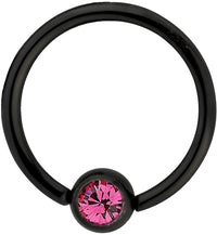 Forbidden Body Jewelry 14g 1/2 Inch Surgical Steel Black IP Plated with Pink Crystal Captive Bead CBR Hoop Ring