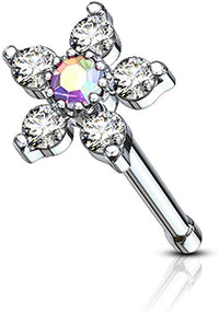 Forbidden Body Jewelry 20g Surgical Steel Nose Stud with Big Bling Two-Tone 6-CZ Crystal Flower Top