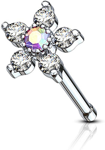 Forbidden Body Jewelry 20g Surgical Steel Nose Stud with Big Bling Two-Tone 6-CZ Crystal Flower Top