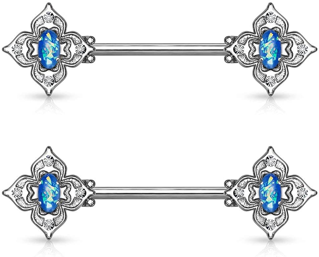 Forbidden Body Jewelry Pair of Surgical Steel 9/16 Inch (14mm) Posh Floral Synthetic Opal Center Nipple Barbells