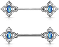 Forbidden Body Jewelry Pair of Surgical Steel 9/16 Inch (14mm) Posh Floral Synthetic Opal Center Nipple Barbells