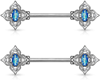 Forbidden Body Jewelry Pair of Surgical Steel 9/16 Inch (14mm) Posh Floral Synthetic Opal Center Nipple Barbells