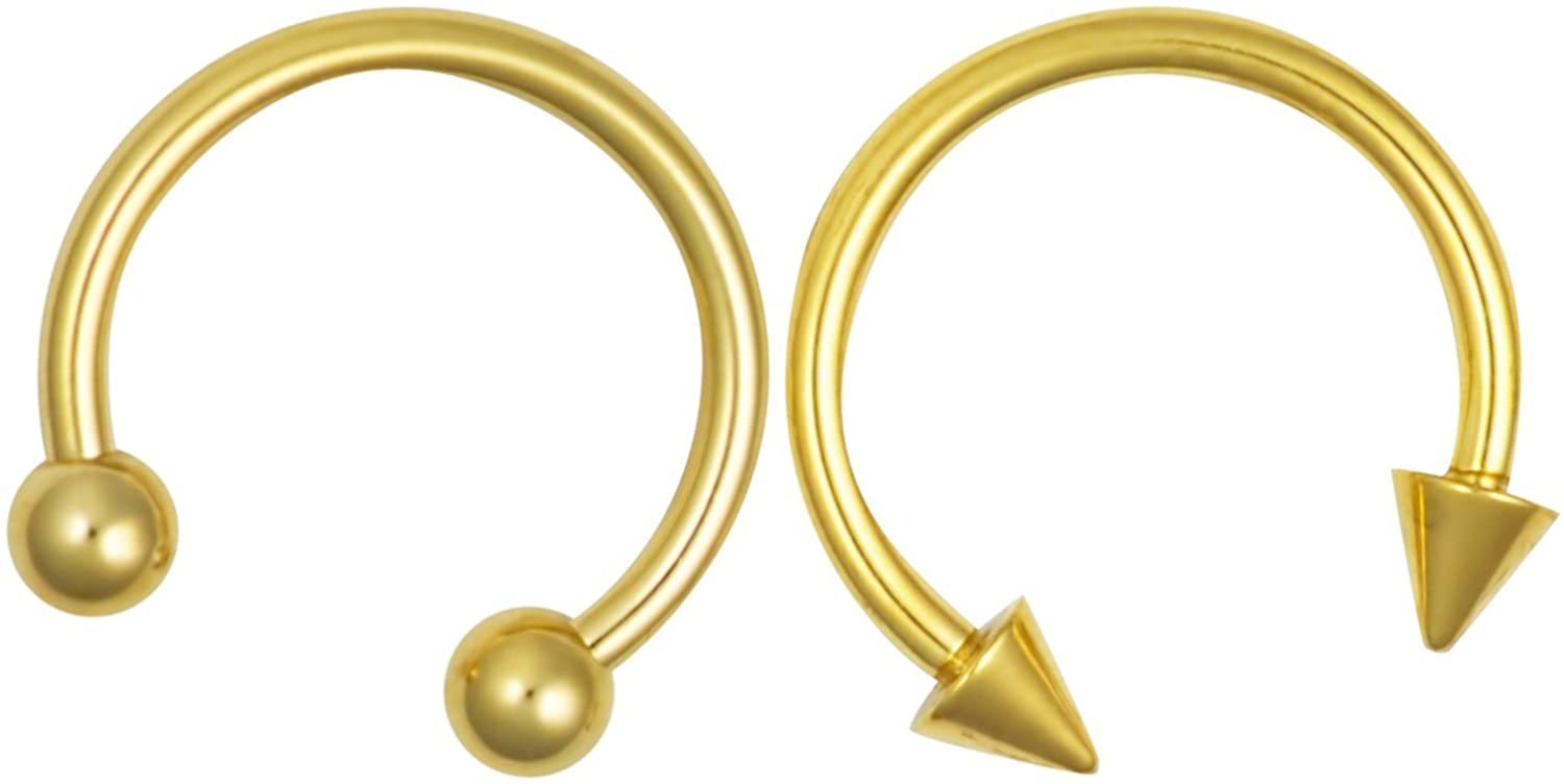 Forbidden Body Jewelry 16g Septum Rings Set of 2: 16 Gauge 10mm Gold IP Plated Surgical Steel Spike & Ball Horseshoe