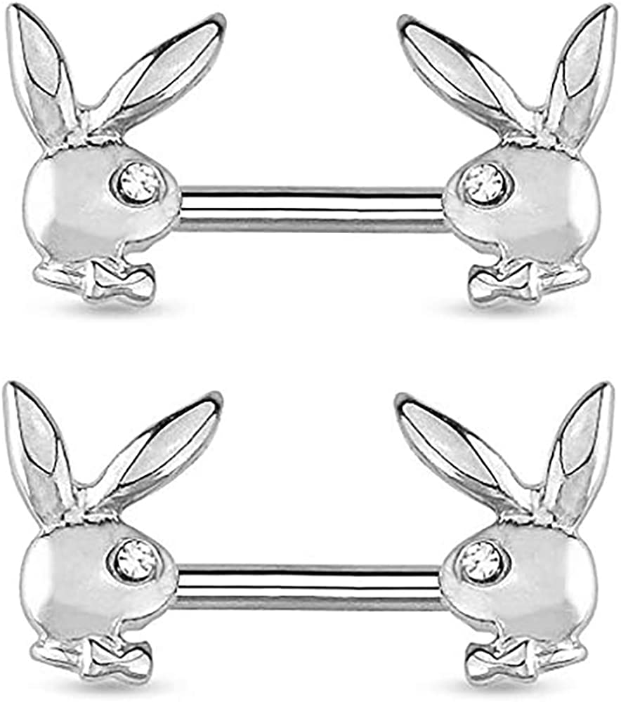 Forbidden Body Jewelry Sexy Pave CZ Playboy Bunny Ends 14g Surgical Steel Nipple Barbells